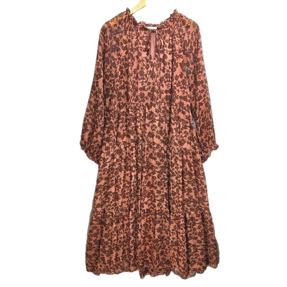 By Together Anthro Tiered Lined Maxi Dress Sz M Floral Boho Hippie Brown Sheer